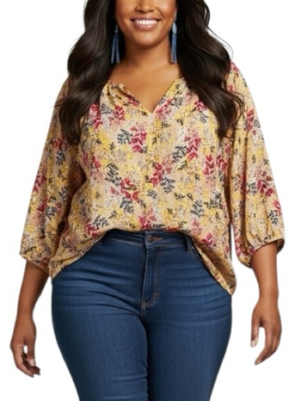 Tantrums XXL Floral Peasant Split Neck Chiffon Blouse Business Casual